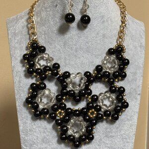 Black And Clear Grey Glass Bead Gold tone Finish Necklace Earring set